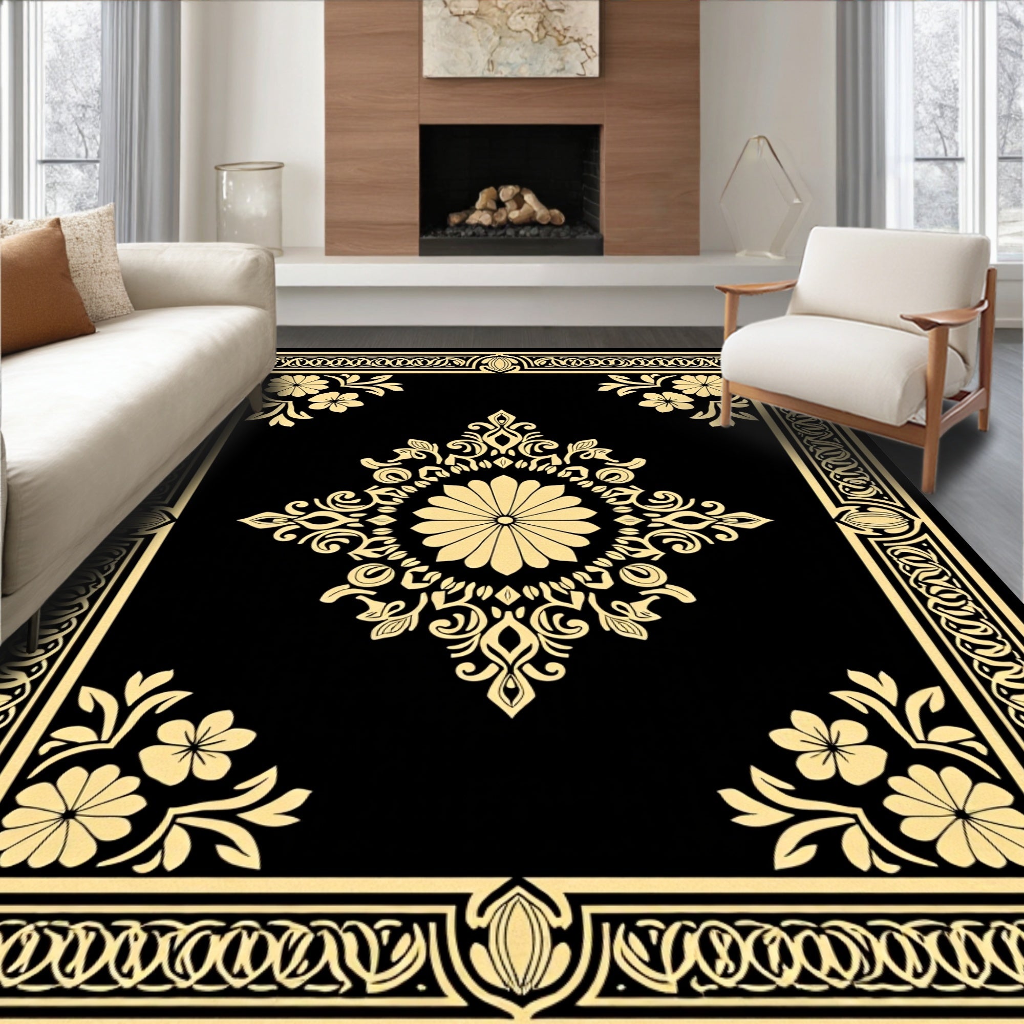 Gold Floral Damask Pattern Traditional Rug