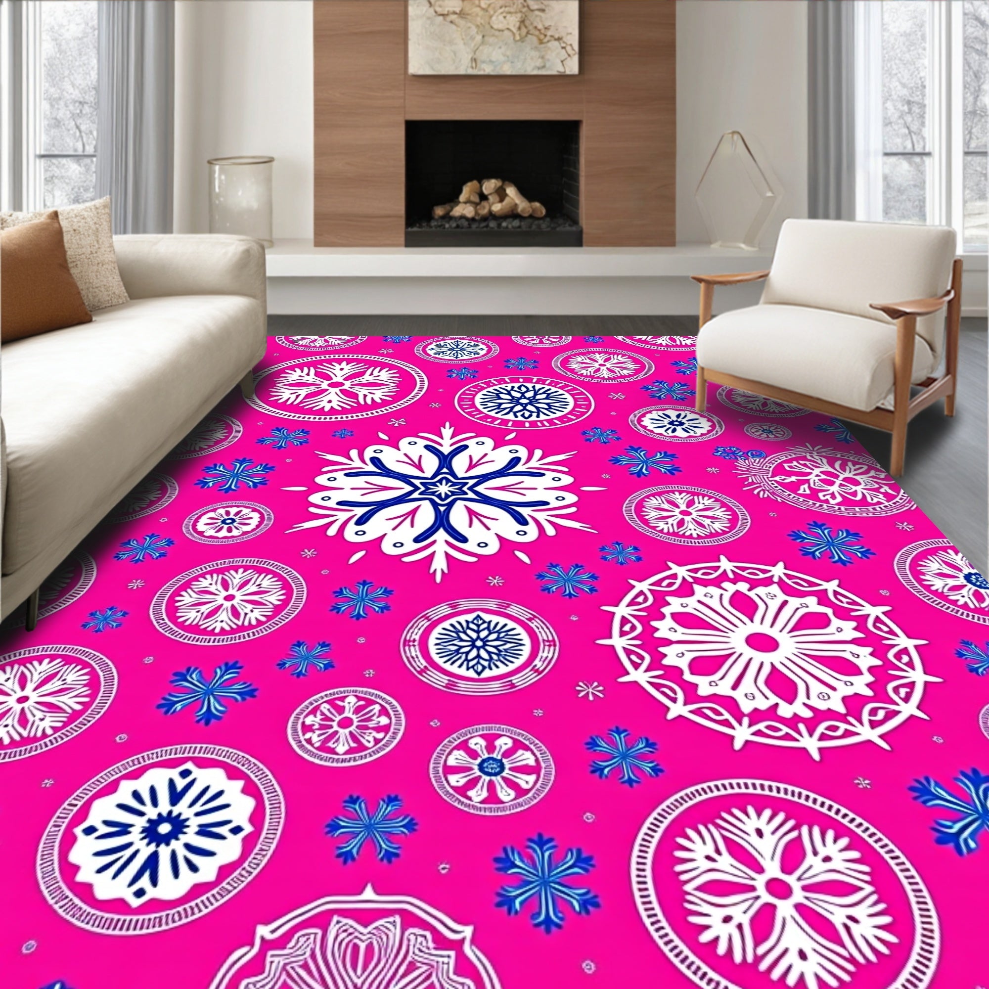 Vibrant Pink Snowflake Mandala Collage Rug