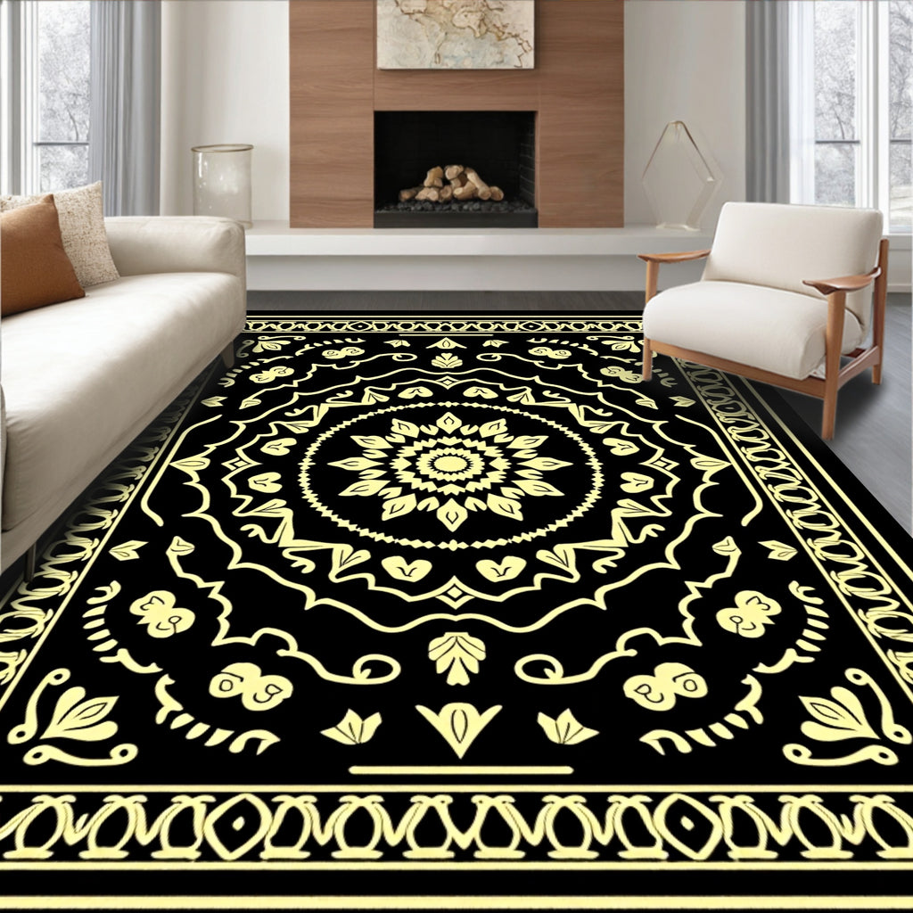 Elegant Black Gold Mandala Design Rug