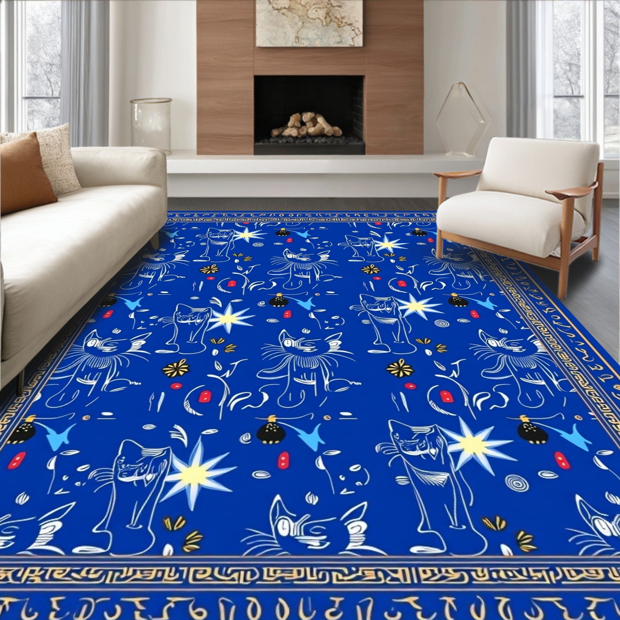 Whimsical Blue Cat Star Pattern Rug
