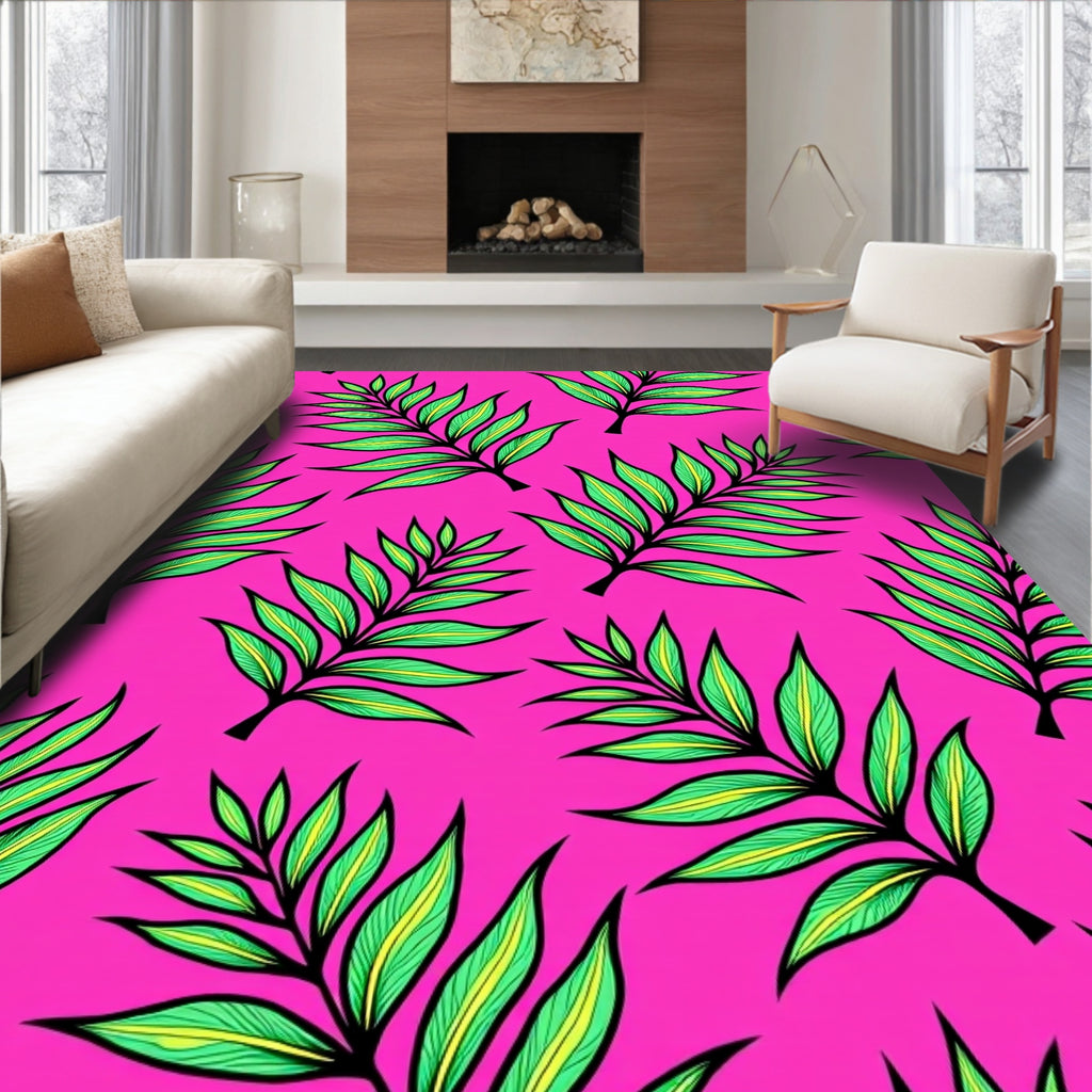 Vibrant Pink Green Leafy Frond Rug