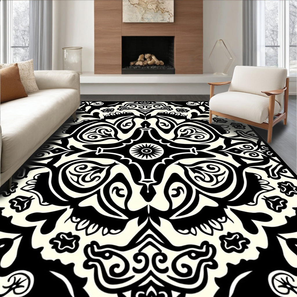 Black and White Intricate Paisley Pattern Rug