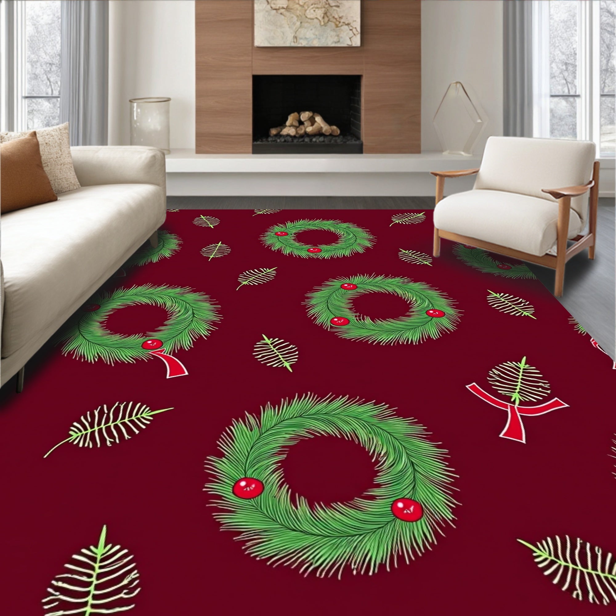 Festive Pine Wreath and Berry Pattern Rug