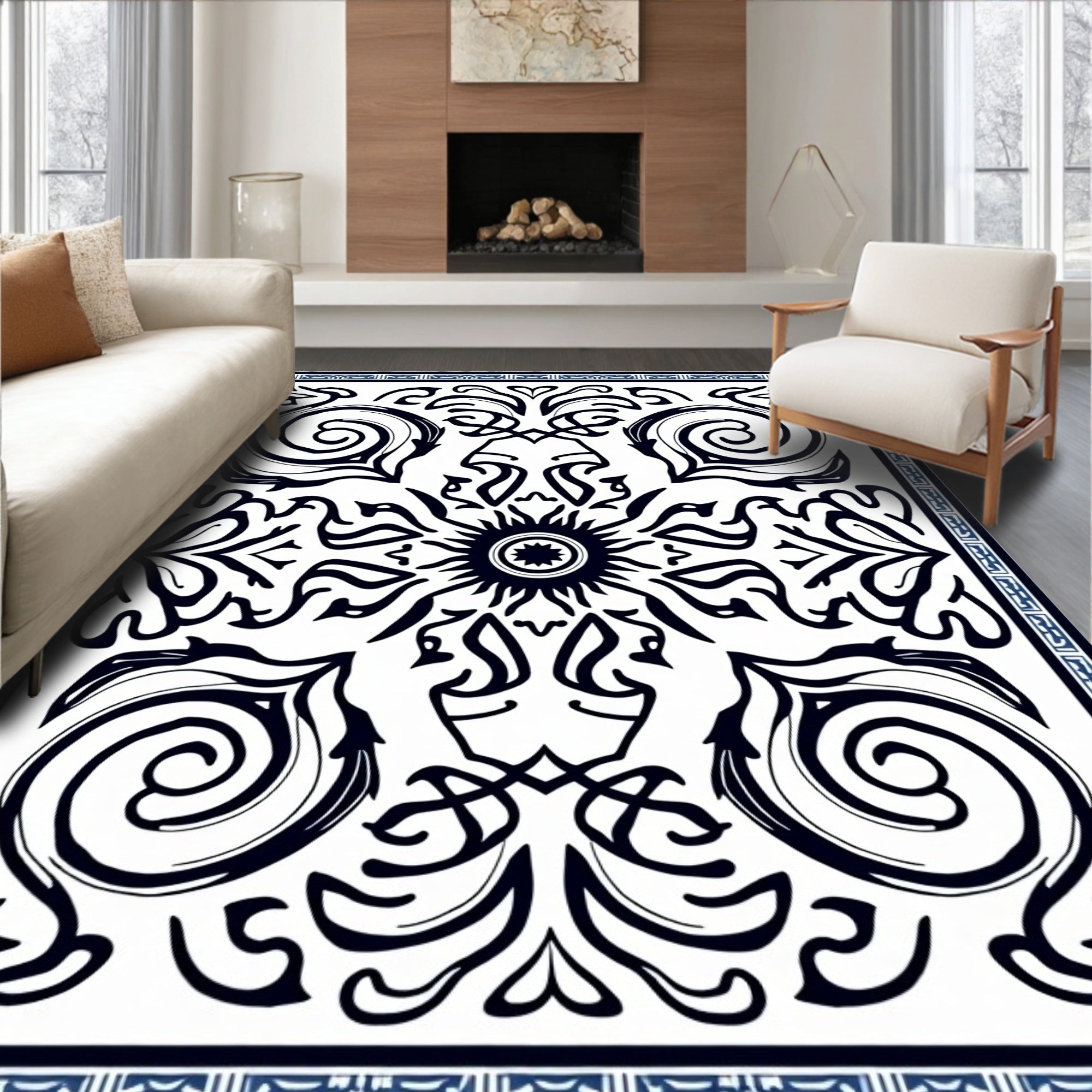 Black 2 White Swirl Floral Design Rug