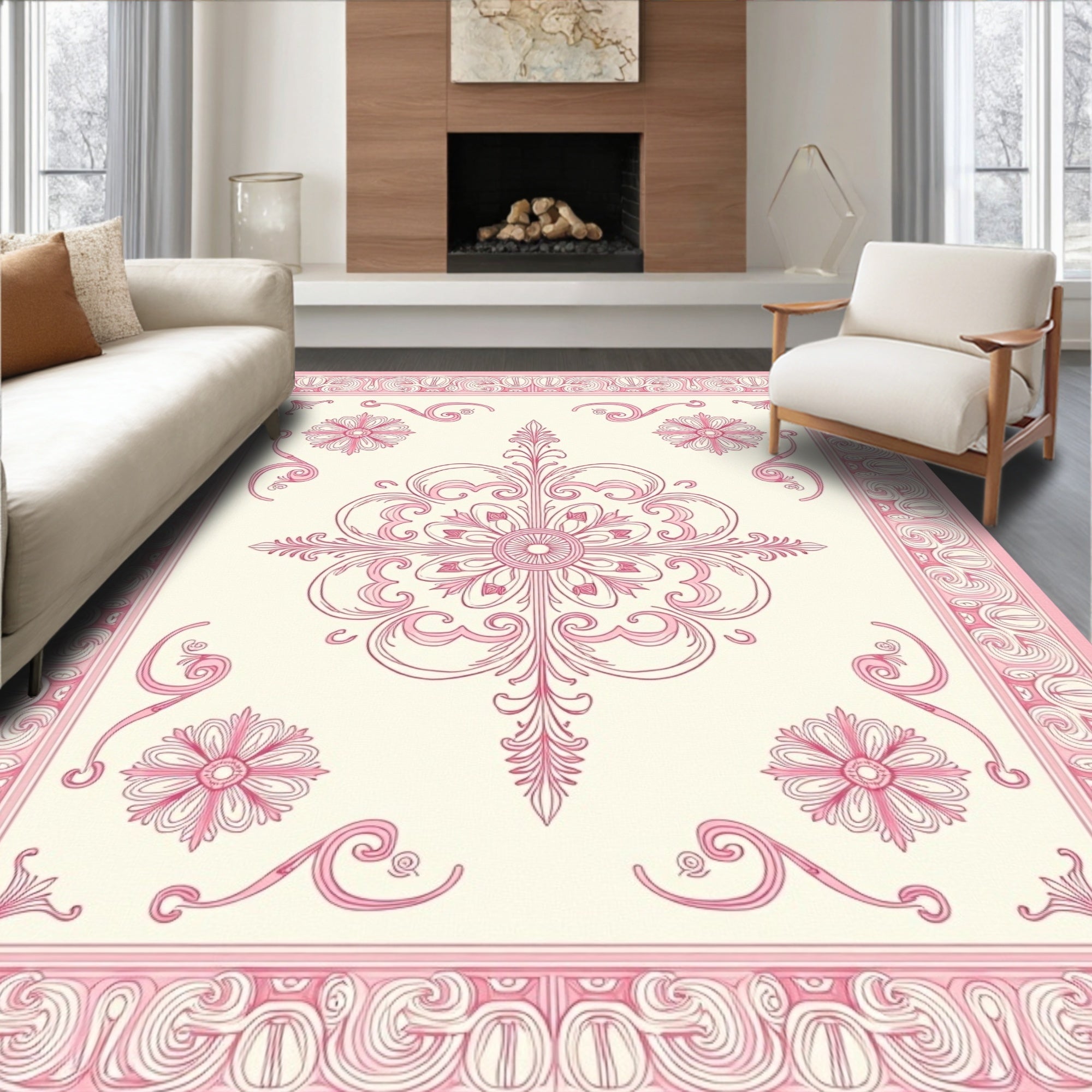 Vintage Pink Floral Scroll Pattern Rug