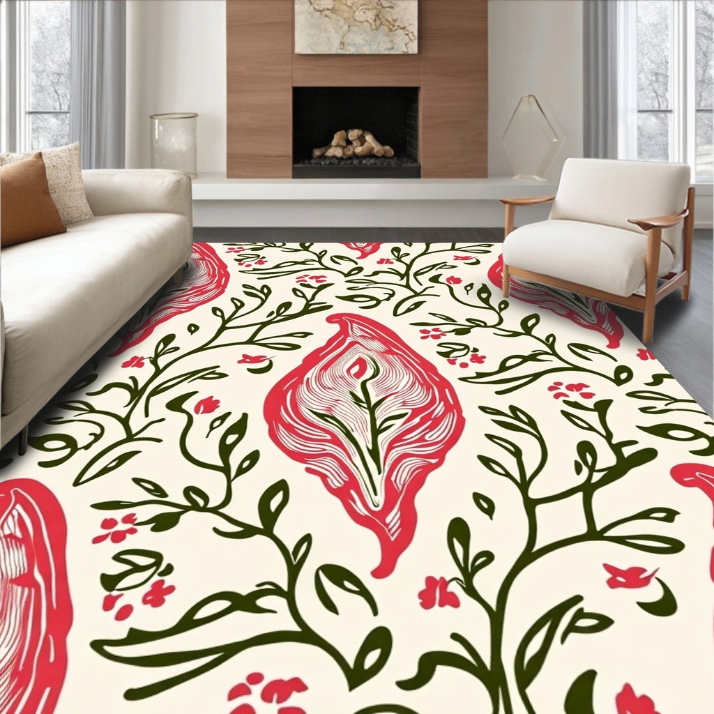 Red Floral Pattern Print Rug