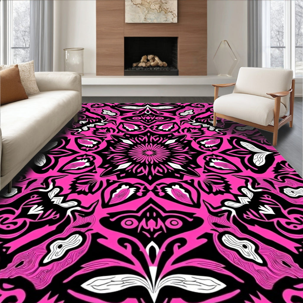 Vibrant Pink Black Mandala Pattern Rug