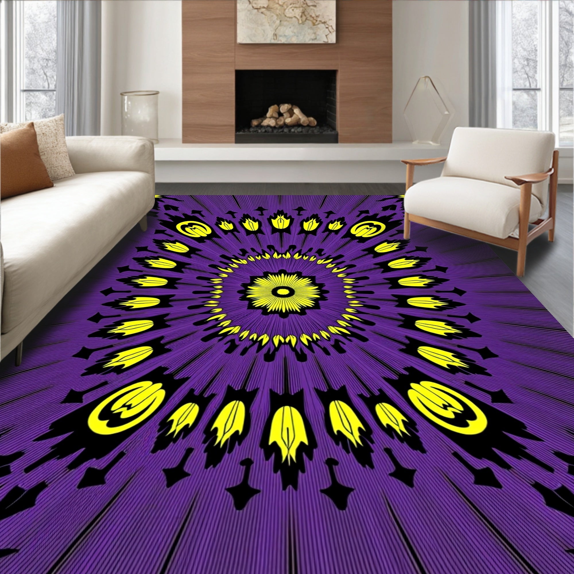 Vibrant Radial Floral Sunburst Design Rug