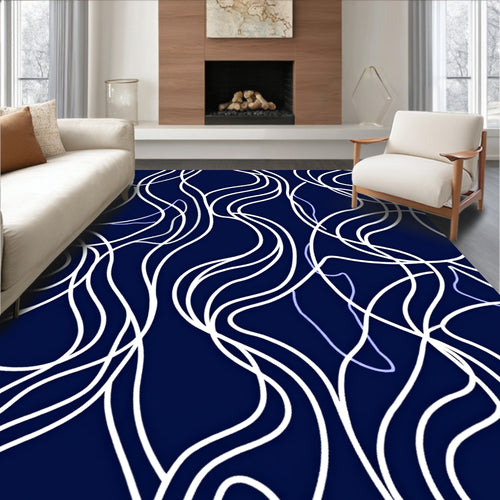 Abstract White Swirls Dark Blue Design Rug