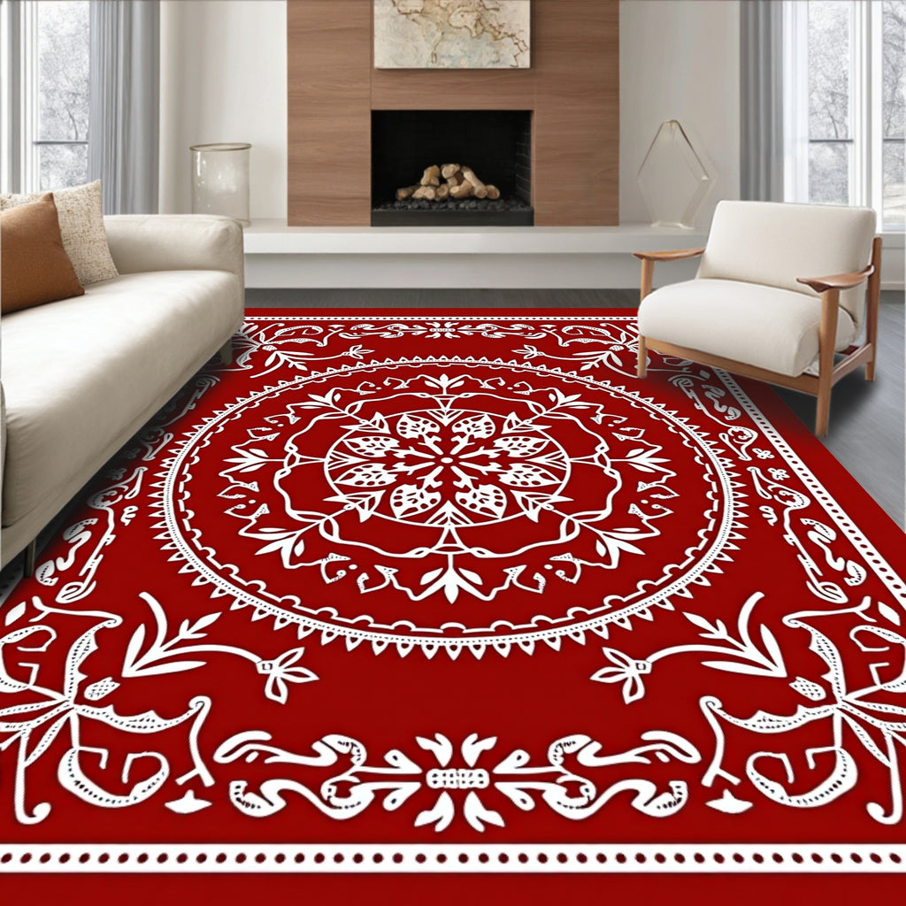 Intricate Red White Mandala Pattern Rug
