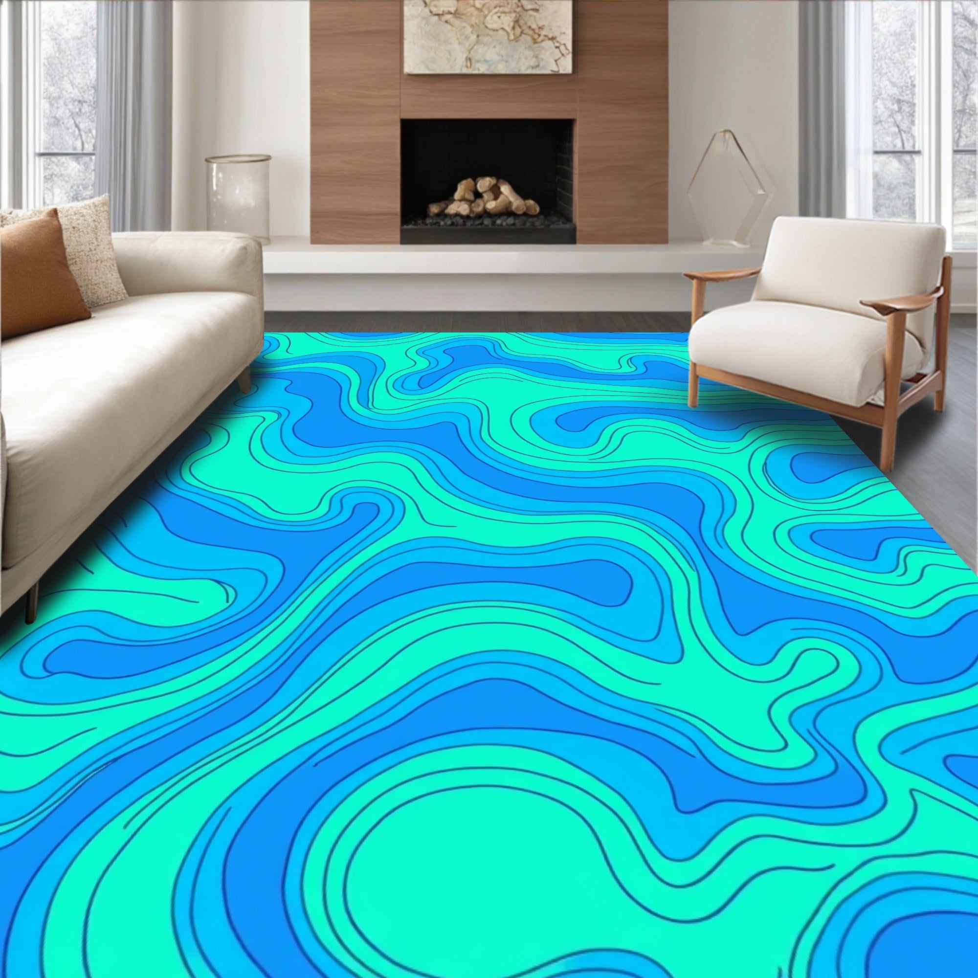 Blue Teal Topographic Wave Pattern Rug