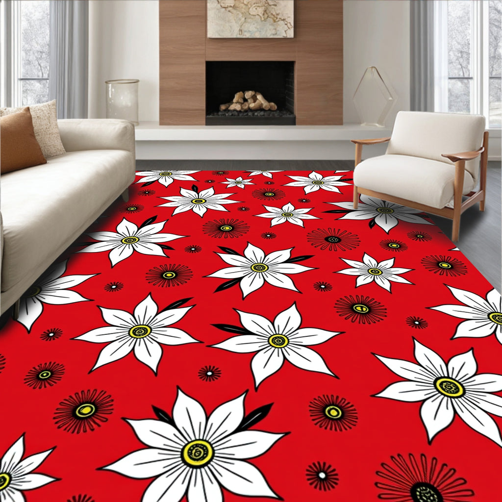 Bold Red Floral Illustration Pattern Rug