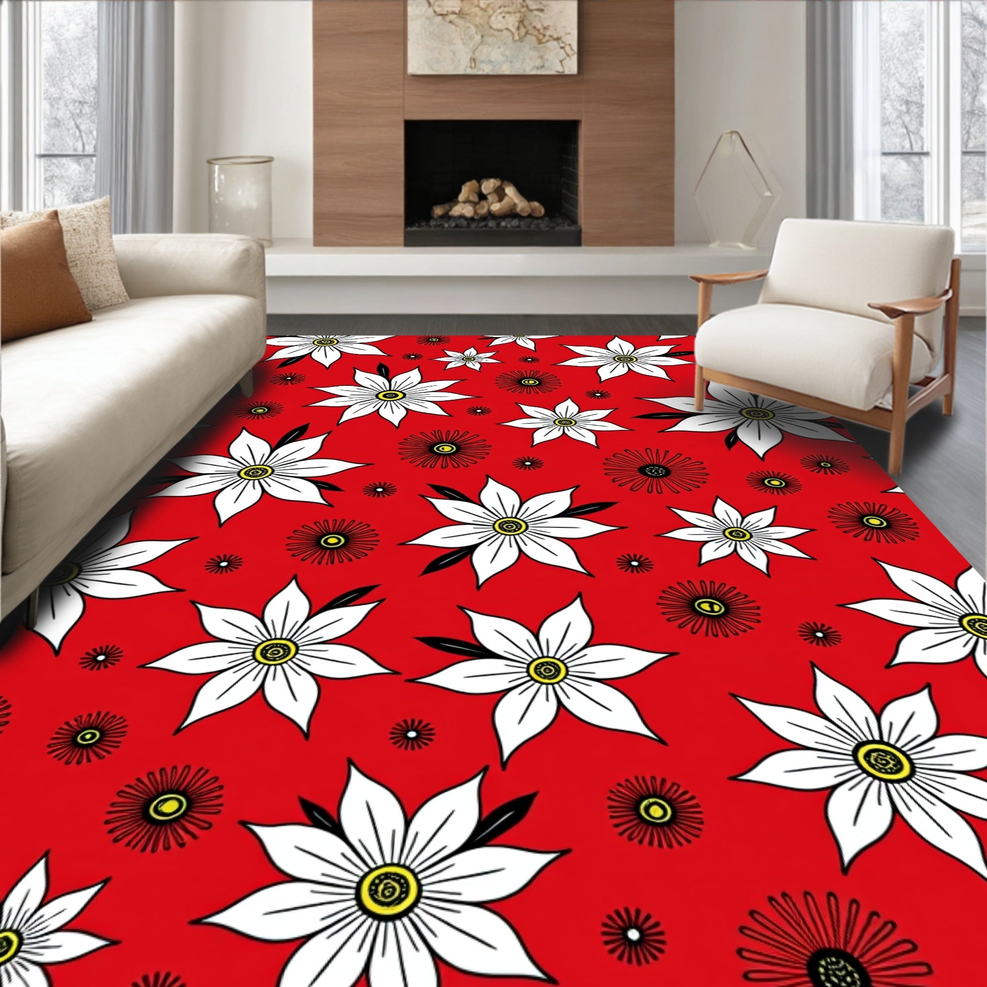 Bold Red Floral Illustration Pattern Rug