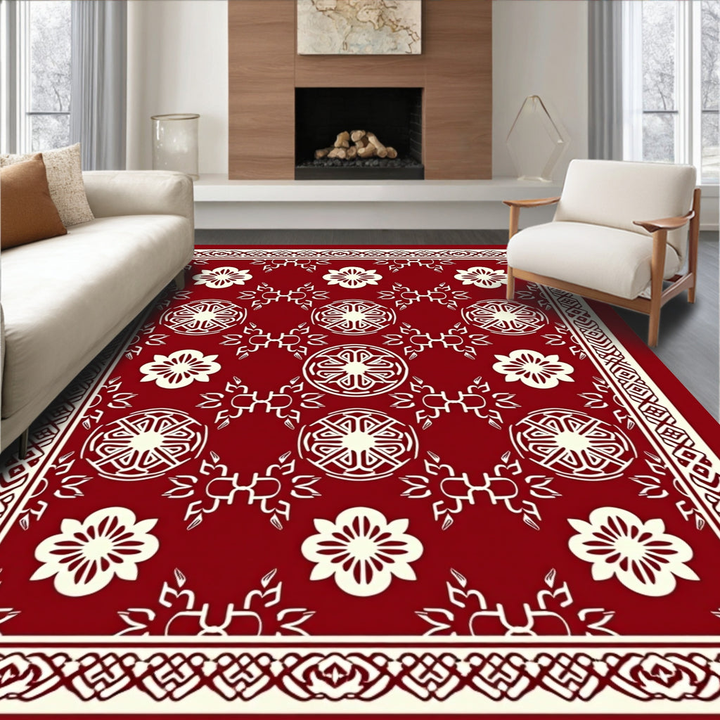Red Mandala Floral Bordered Rug