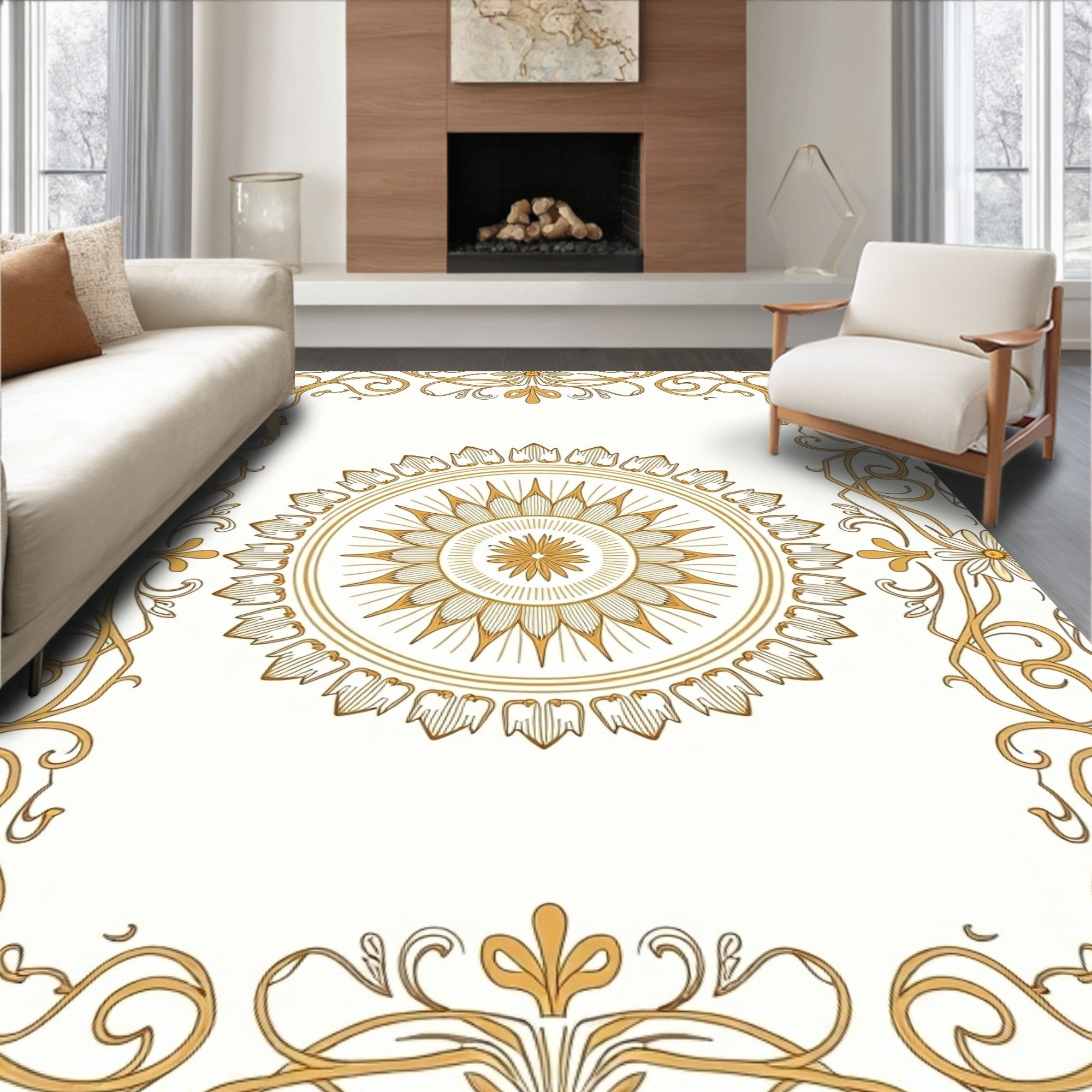 Golden Swirls Floral Mandala Design Rug
