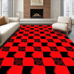 Bold Red Black Checkered Abstract Design Rug