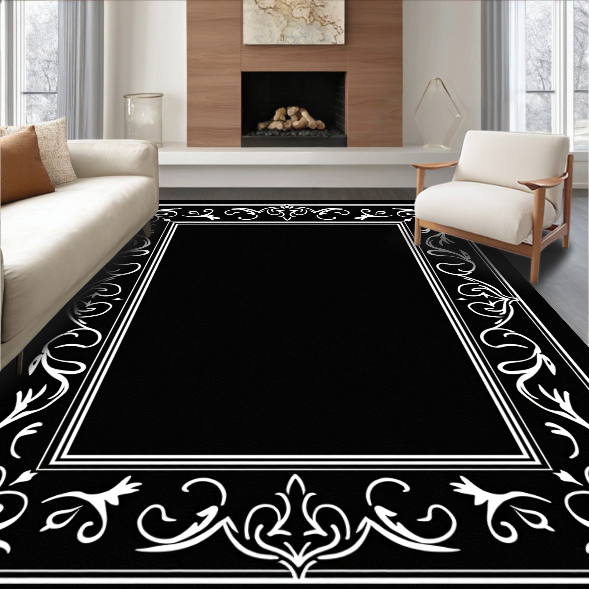 Classic White Flourish Border Design Rug