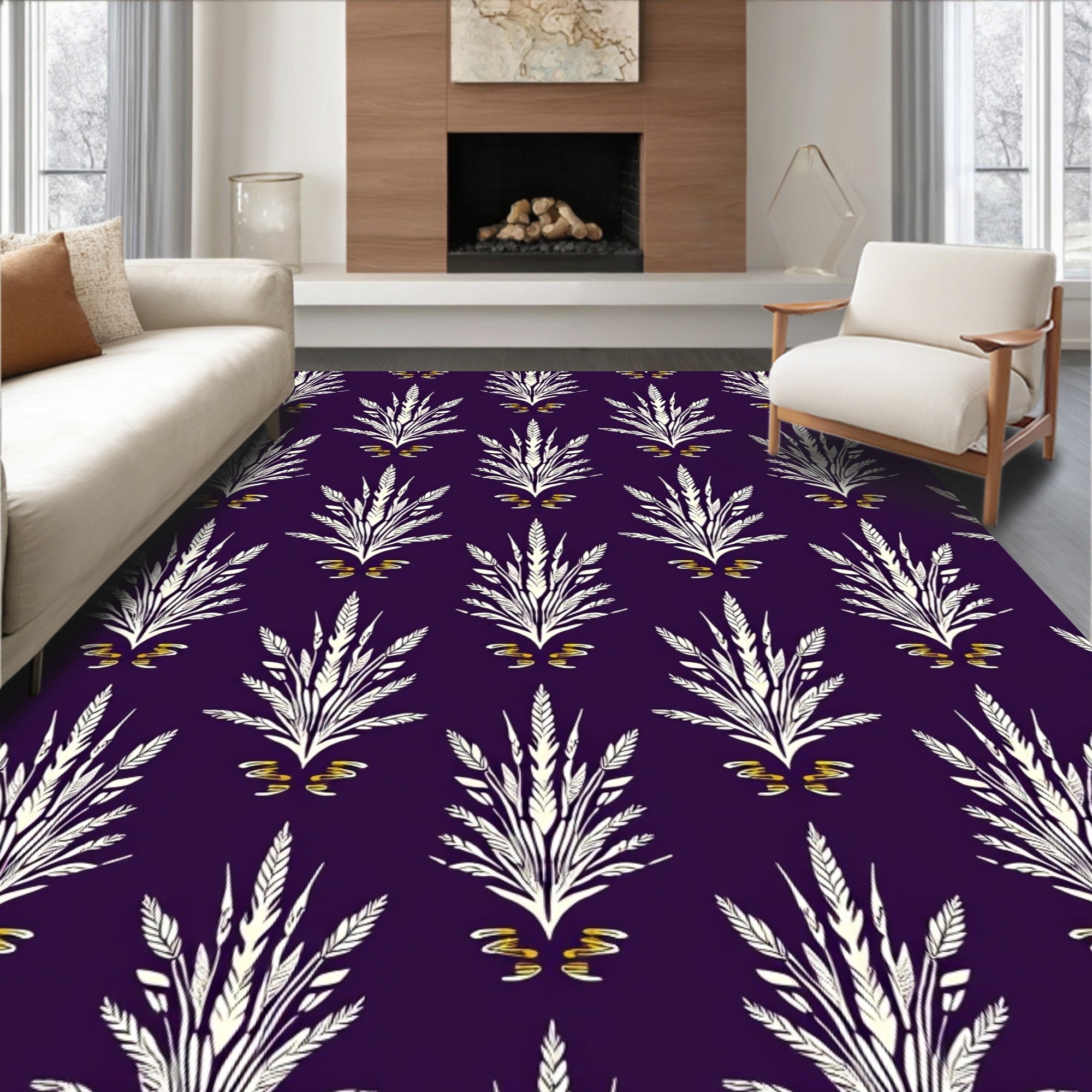 Ornate White Feather Gold Swirl Pattern Rug