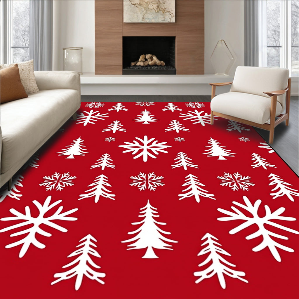 Festive Red White Trees Snowflakes Rug