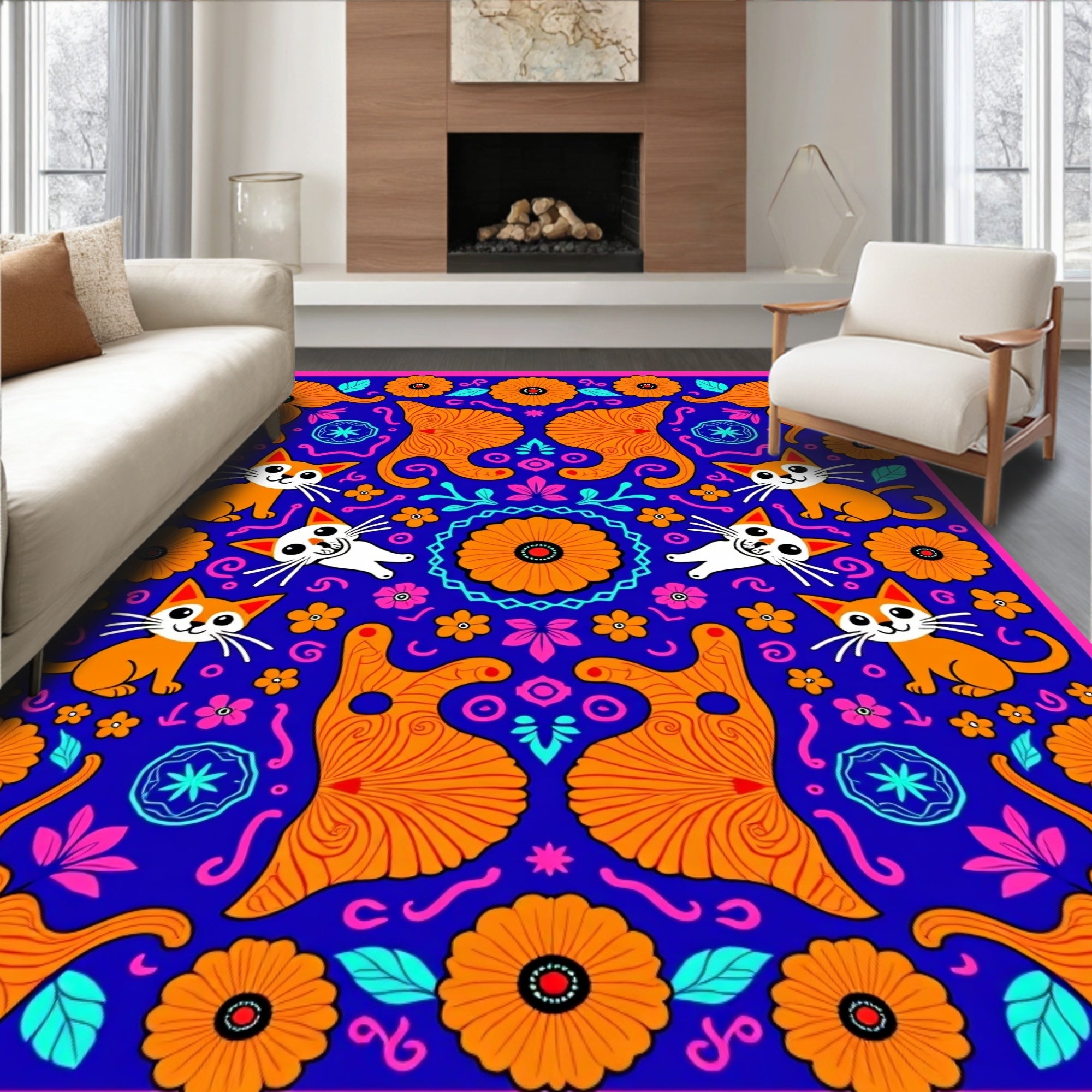 Whimsical Floral Cat Family Design Rug