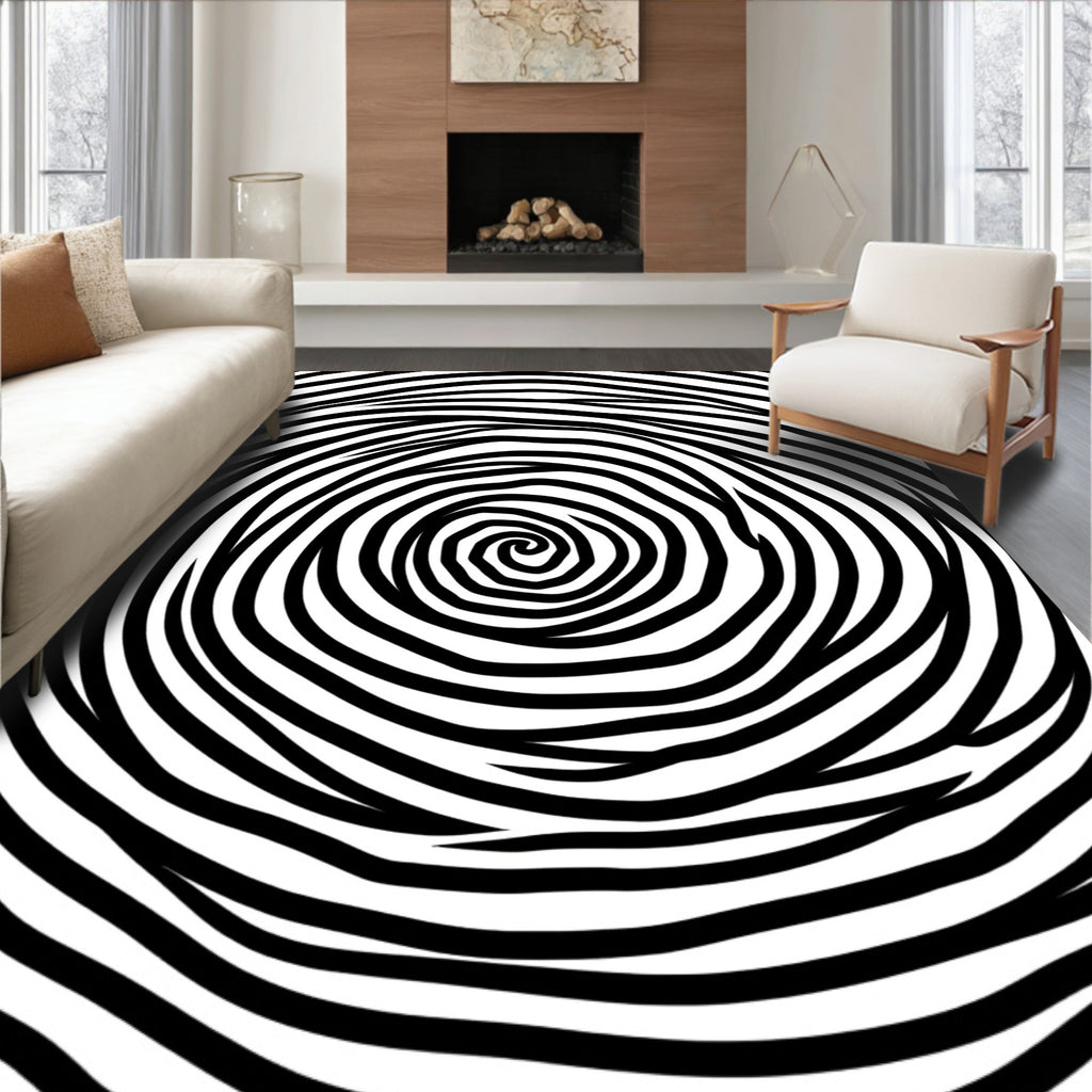 Black And White Concentric Swirl Rug