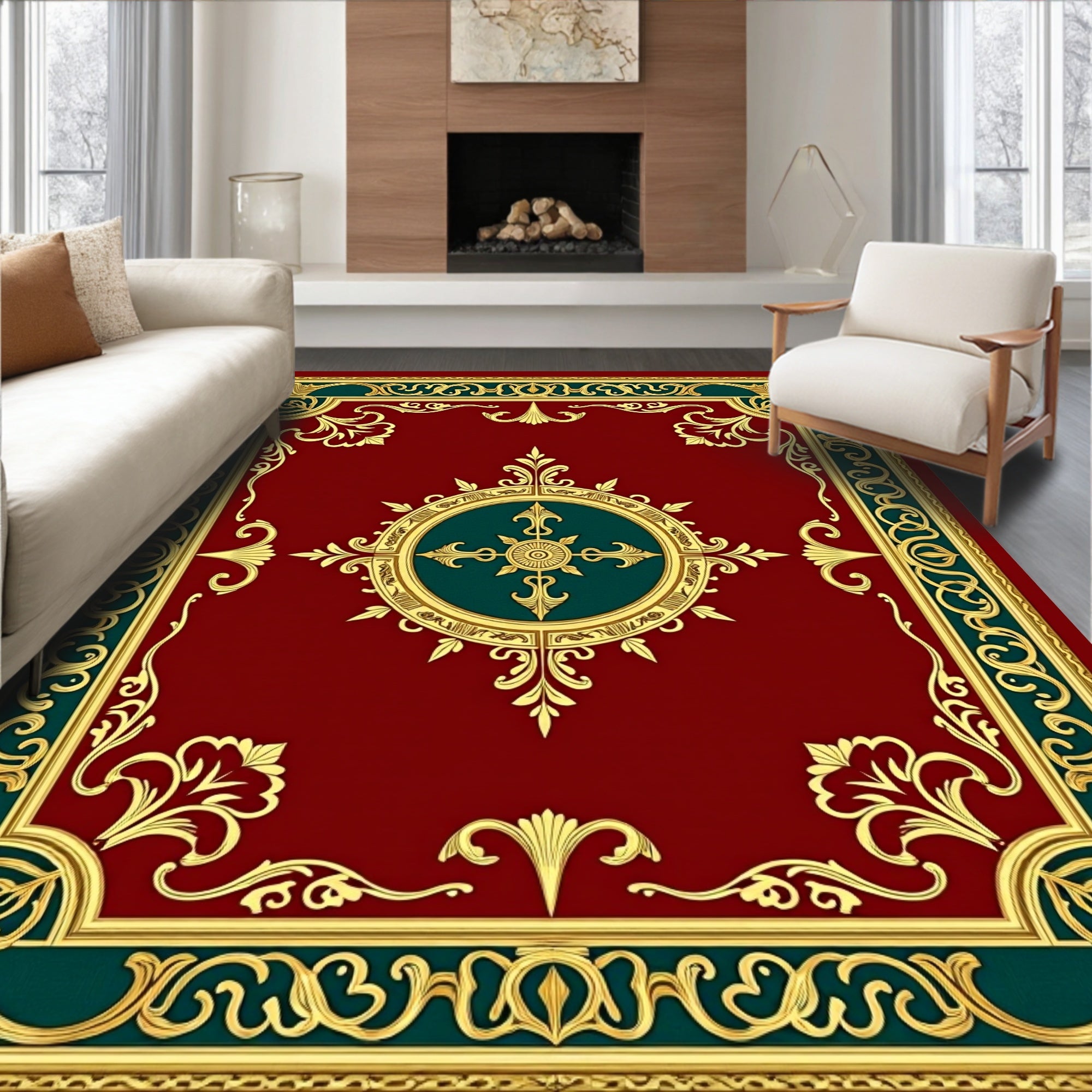 Crimson Gold Green Ornate Rug