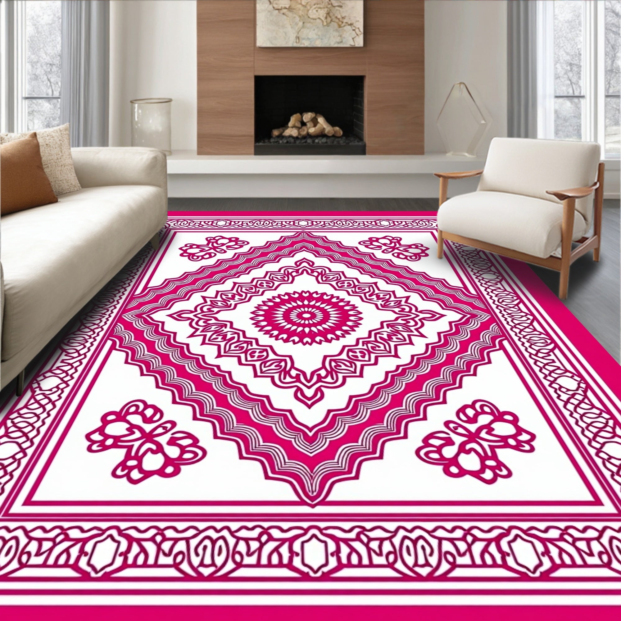 Fuchsia And White Intricate Medallion Rug