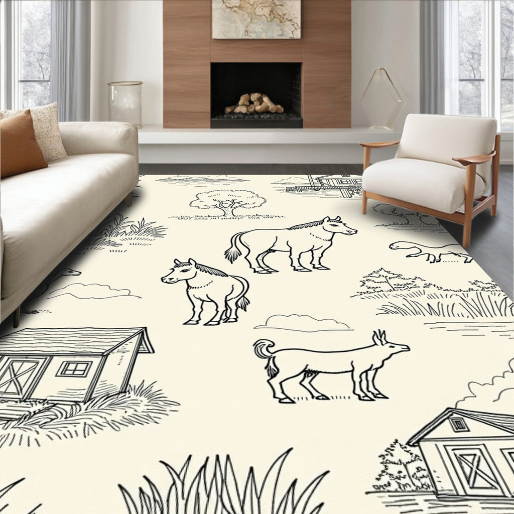 Farm Animal Sketch Pattern Rug