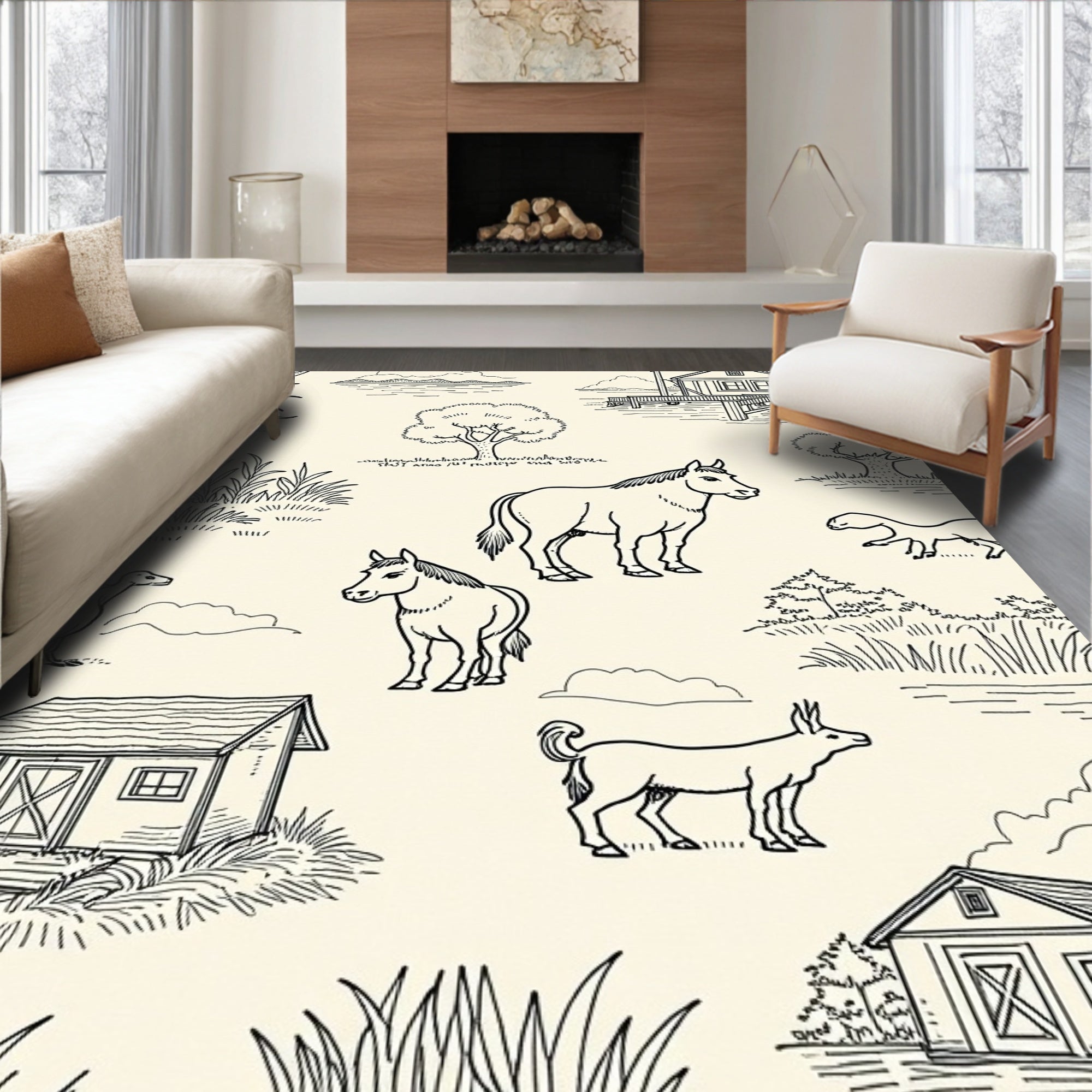 Farm Animal Sketch Pattern Rug