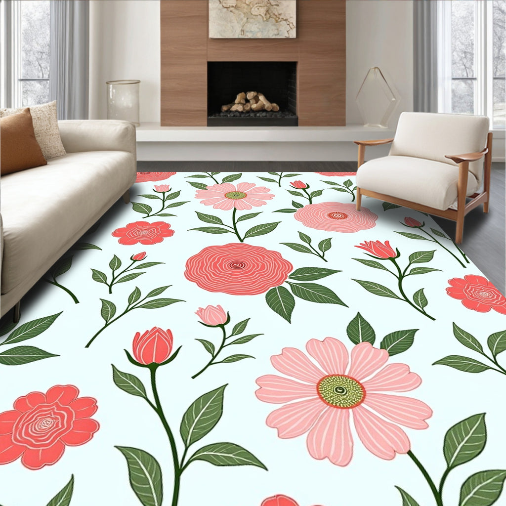 Coral Pink Garden Floral Pattern Rug