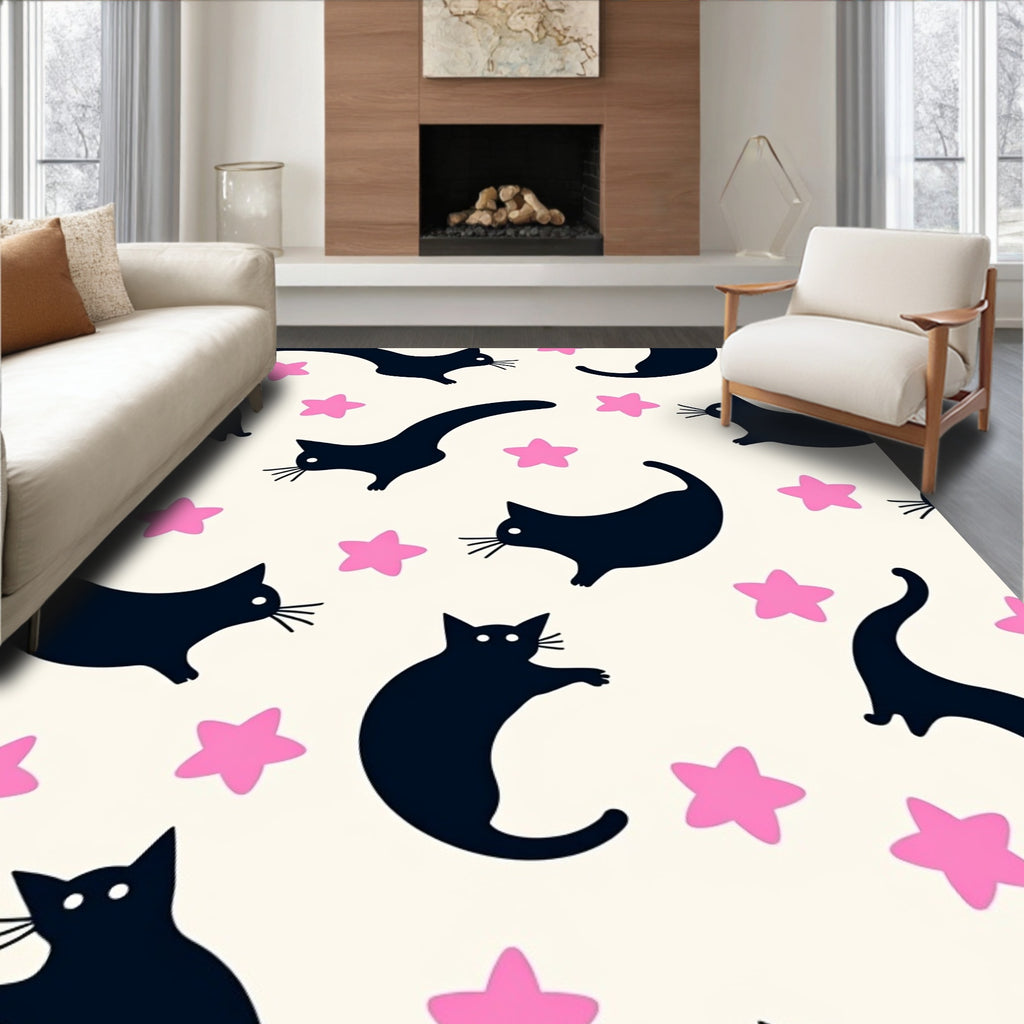 Playful Black Cats With Pink Stars Pattern Rug