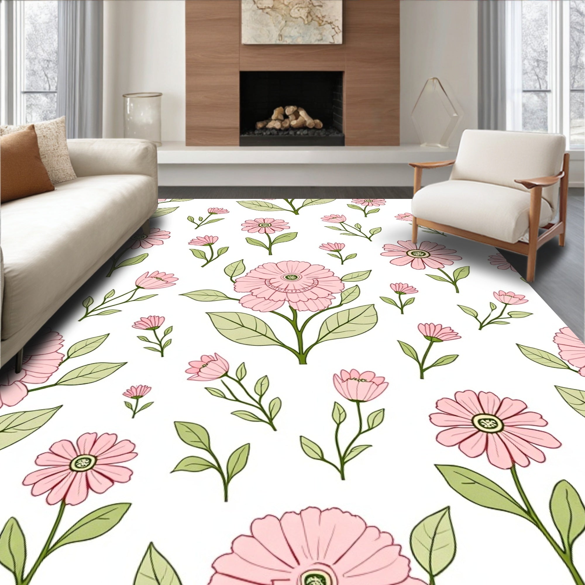 Pink Floral Botanical Pattern Rug