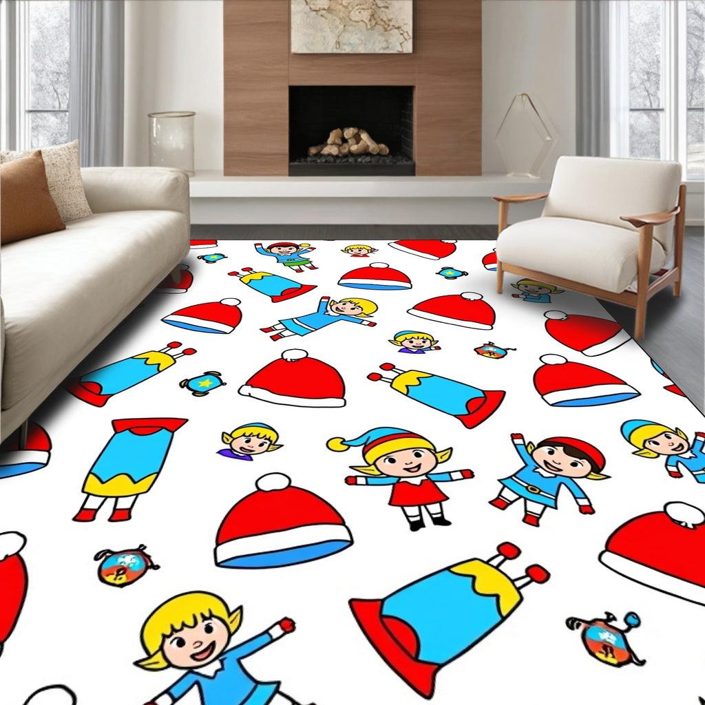 Festive Red Blue Elf Hat Characters Rug