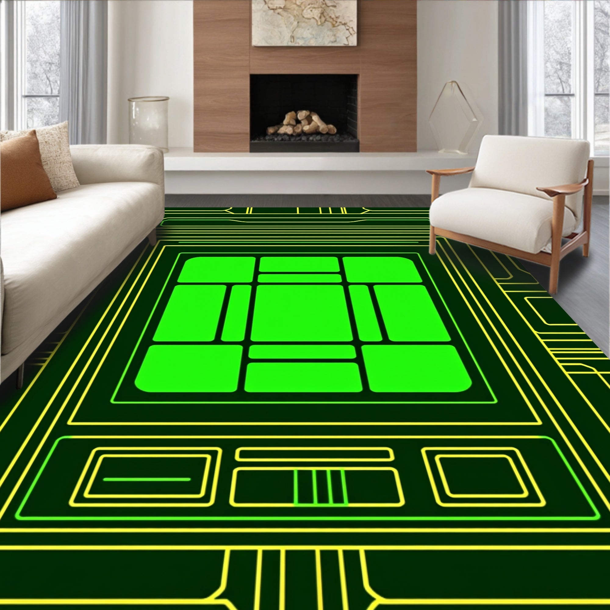 Neon Green Circuit Board Geometric Design Rug