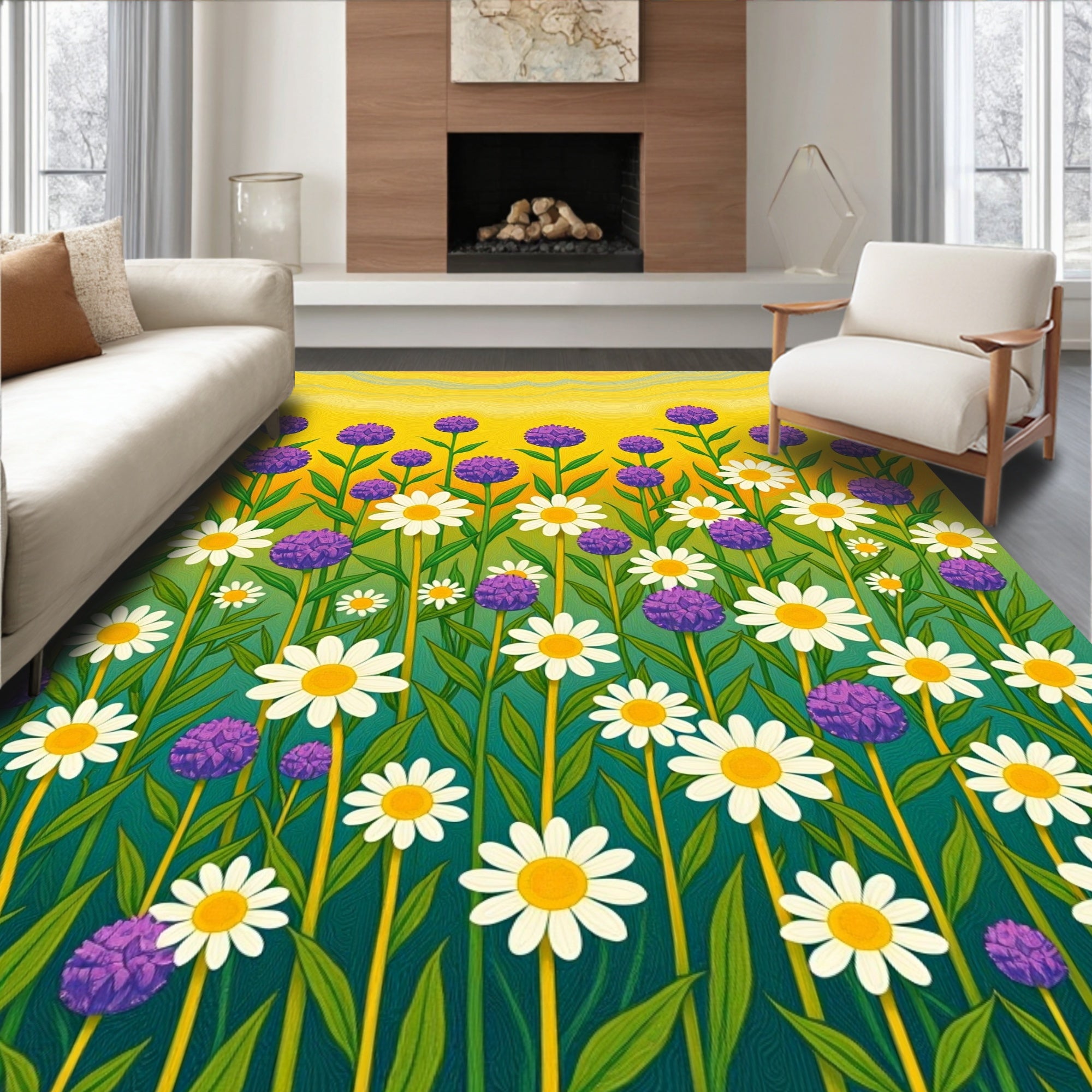 Vibrant Field of Daisies and Florets Rug