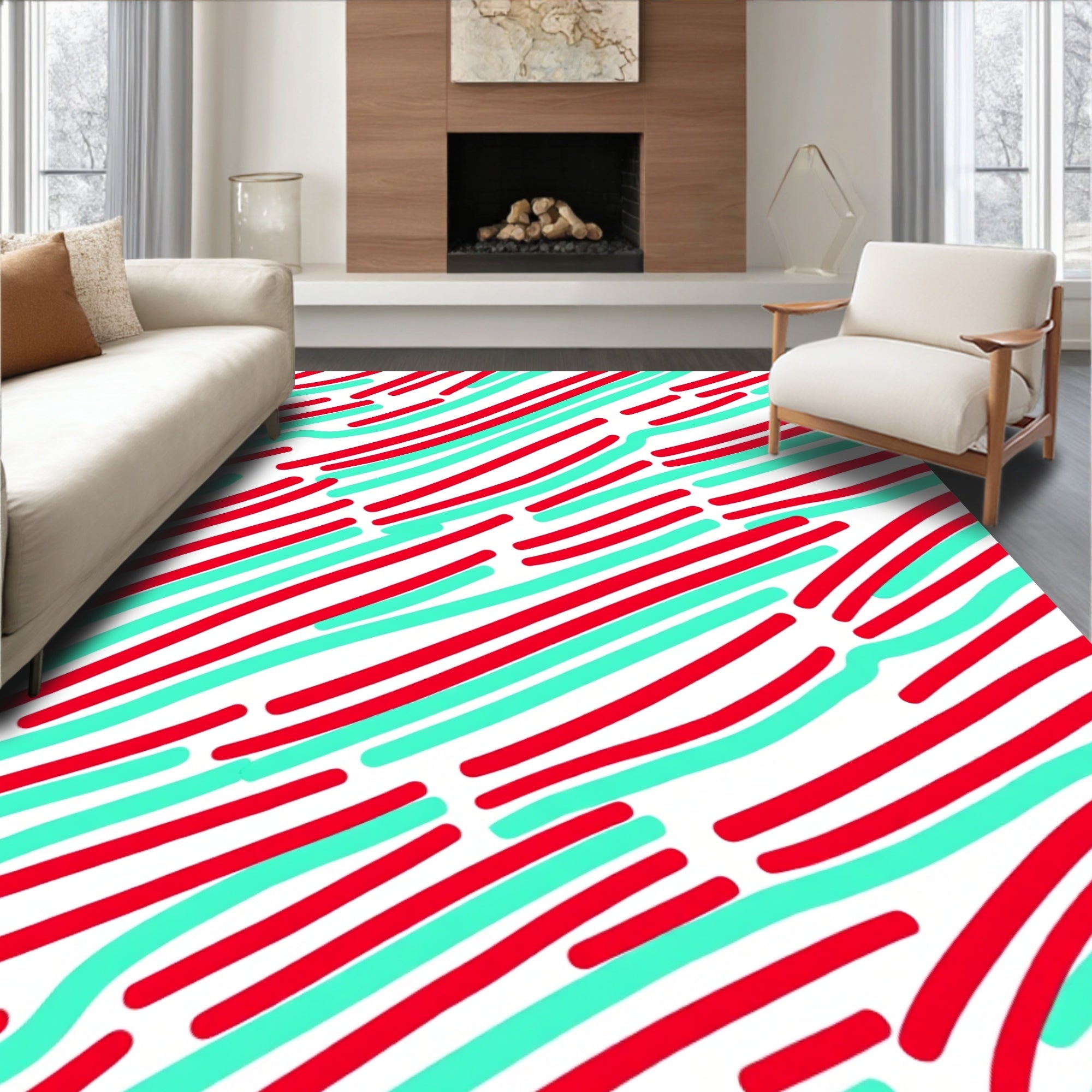 Red Teal Wavy Lines Rug