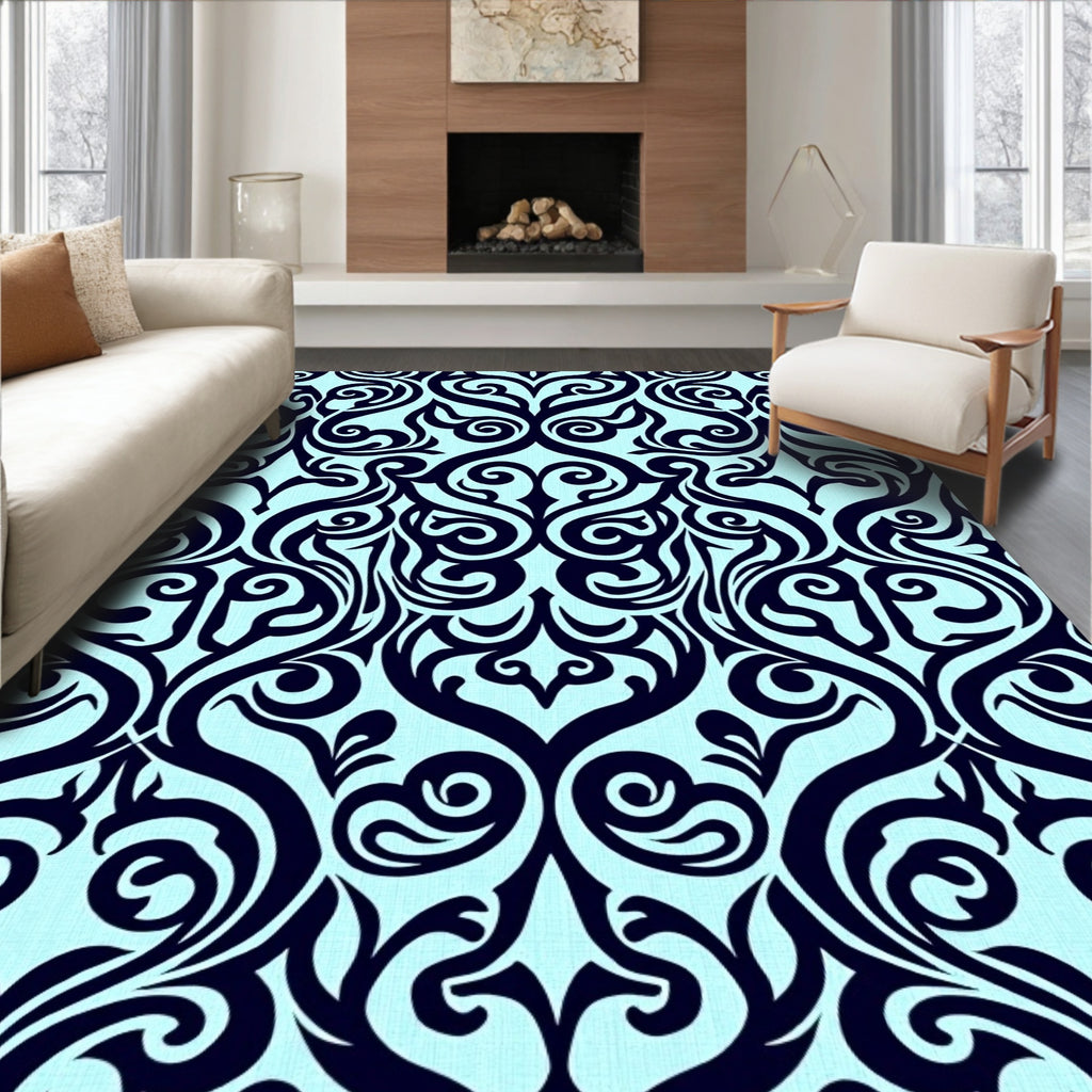 Ornate Scrollwork Dark Blue Light Blue Rug