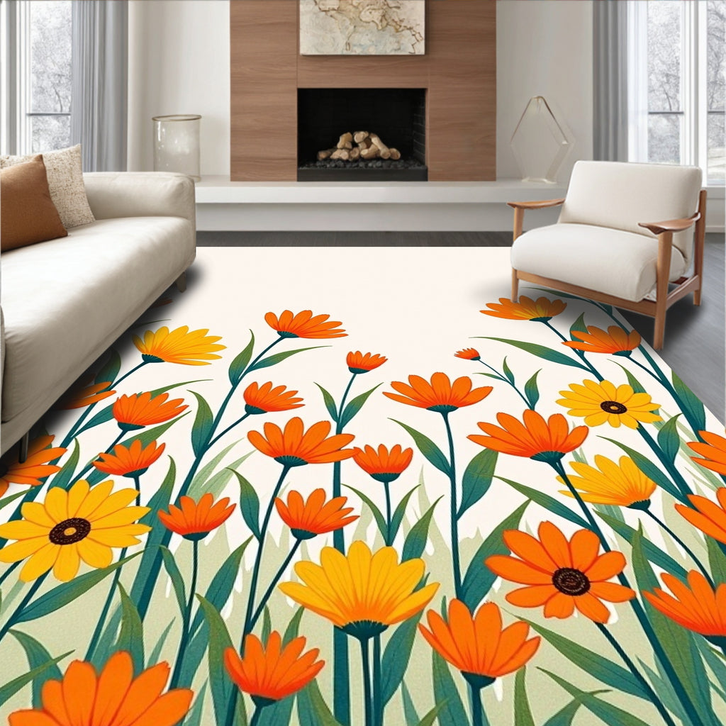 Vibrant Orange Yellow Floral Field Rug