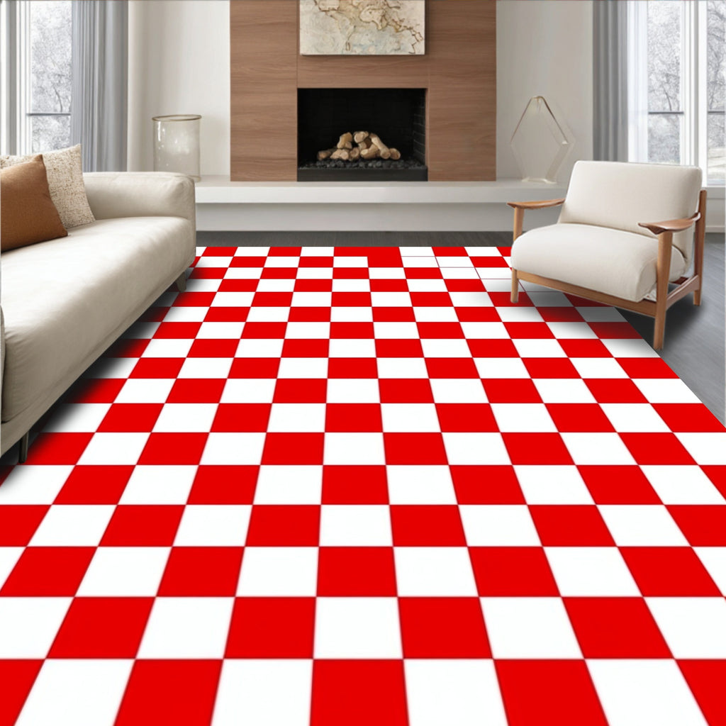Bold Red White Checkerboard Grid Rug