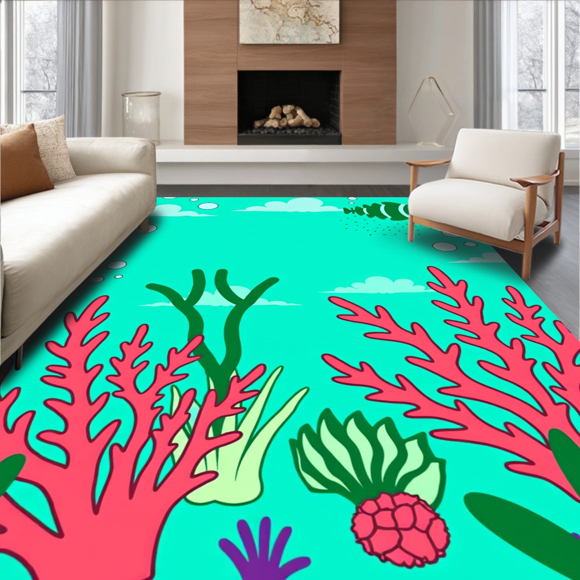 Underwater Coral Fish Scene Design Rug