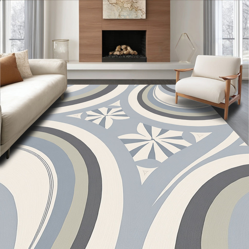 Geometric Waves and Floral Accents Rug