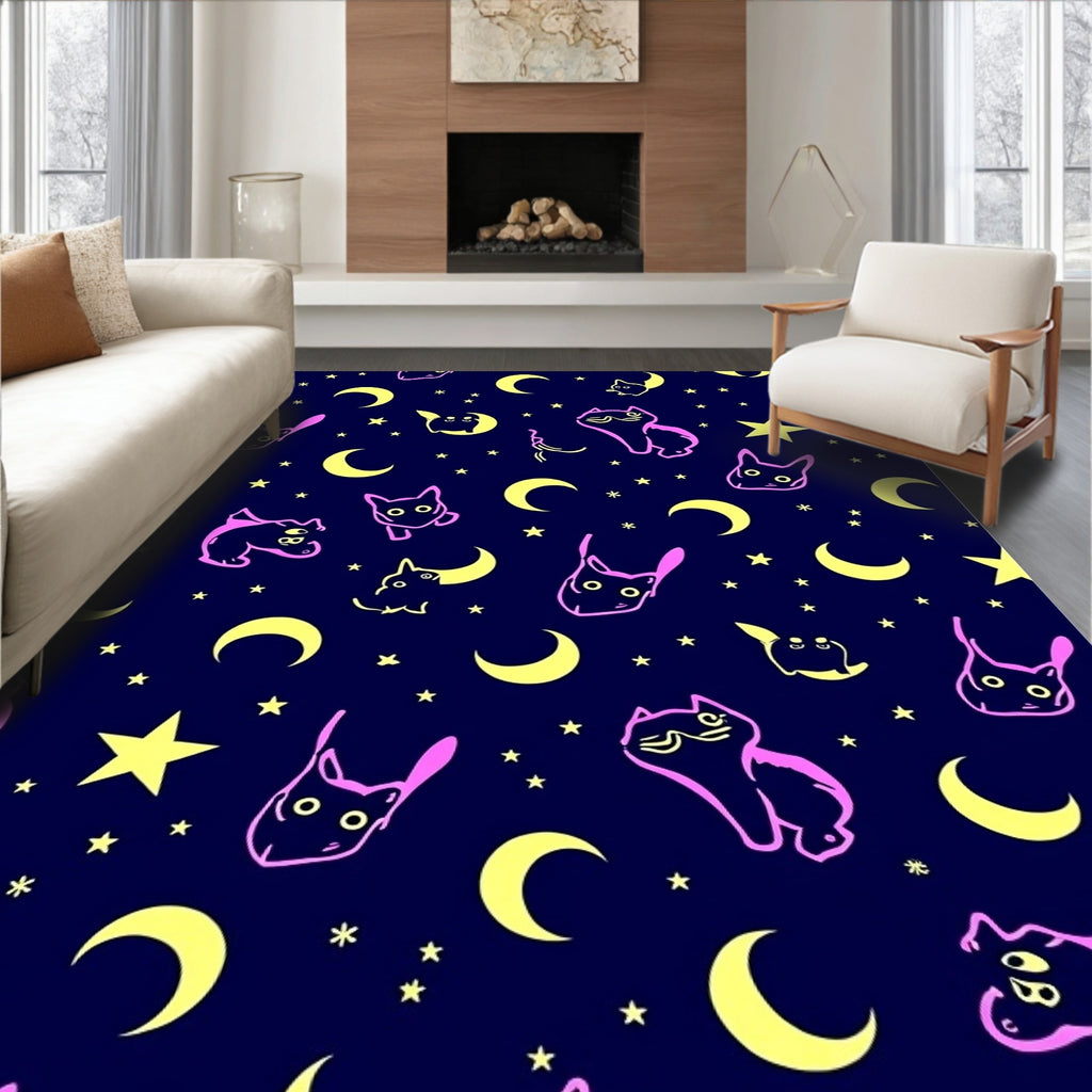 Cute Pink Cat Moon Star Pattern Rug