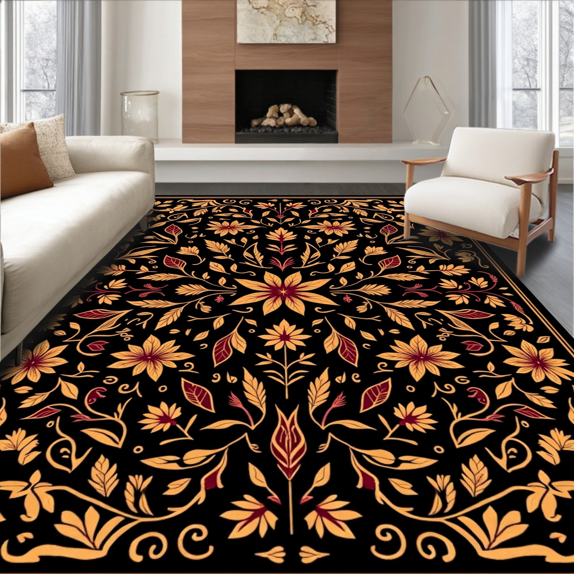 Ornate Floral Vines Traditional Pattern Rug