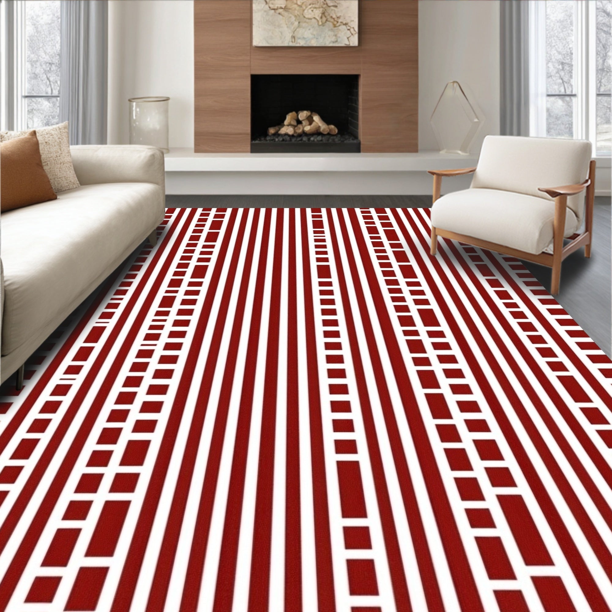 Abstract Red White Vertical Lines Pattern Rug