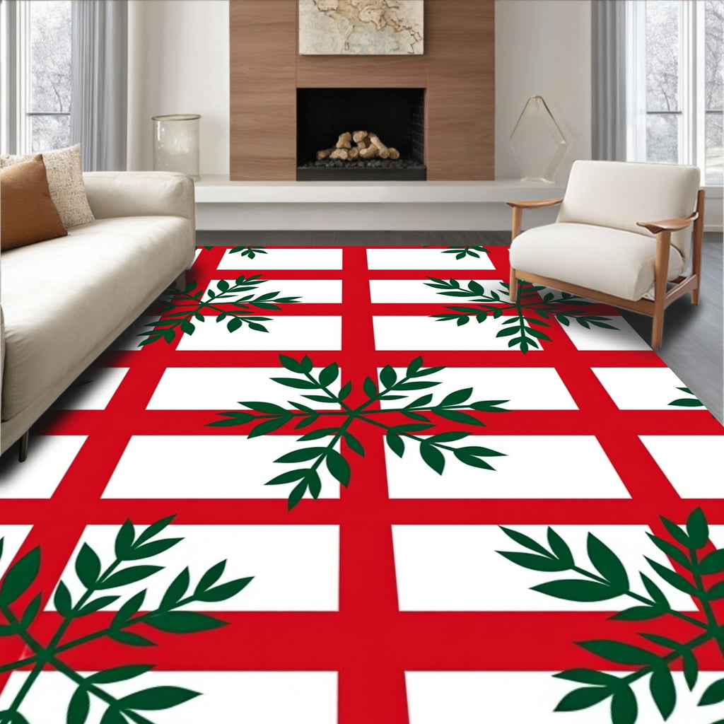 Bold Red Lattice Green Foliage Rug