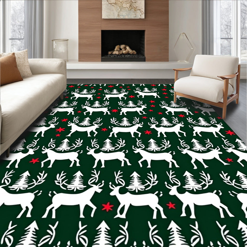 White Deer And Evergreen Forest Print Rug