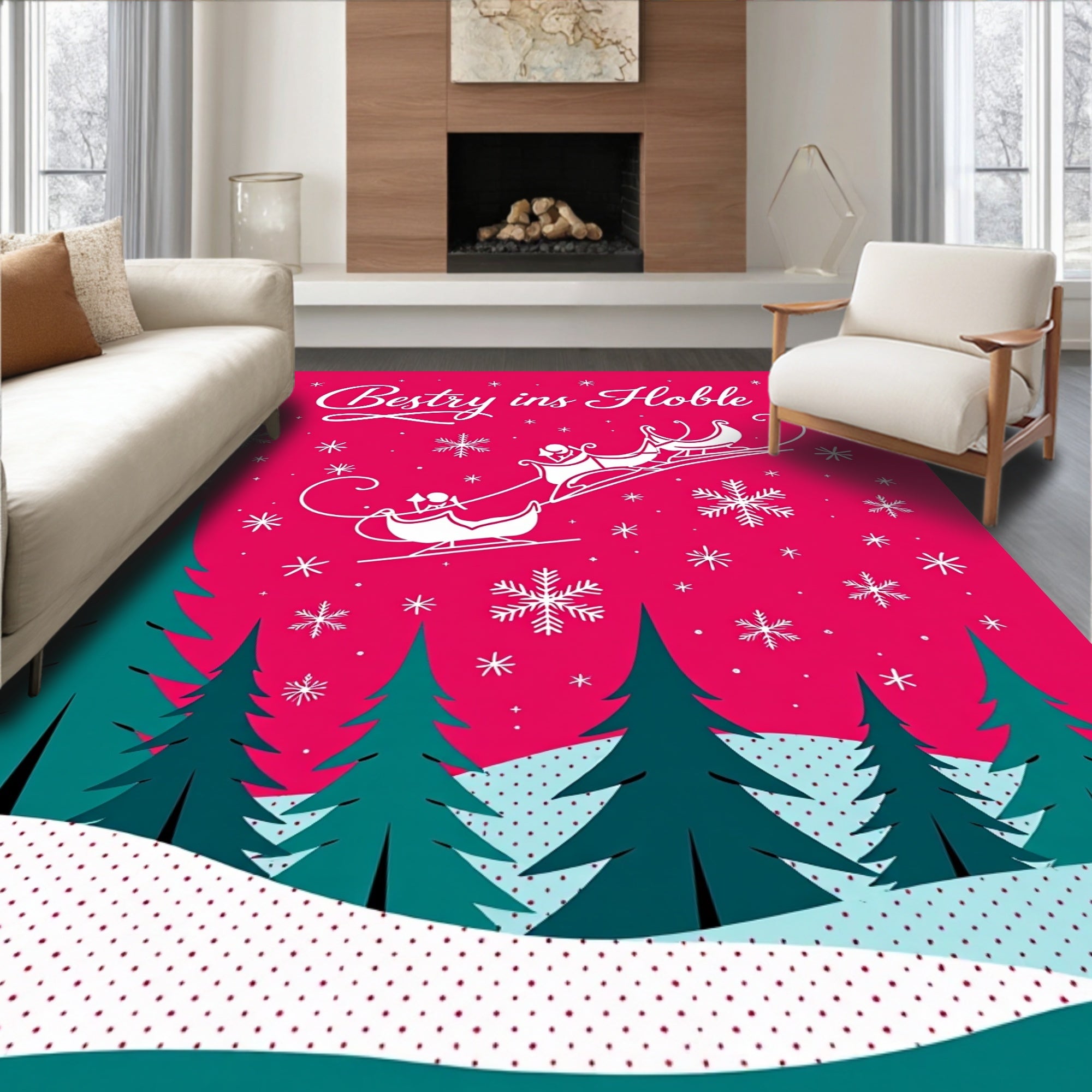 Winter Sleigh Scene With Snowflakes Rug