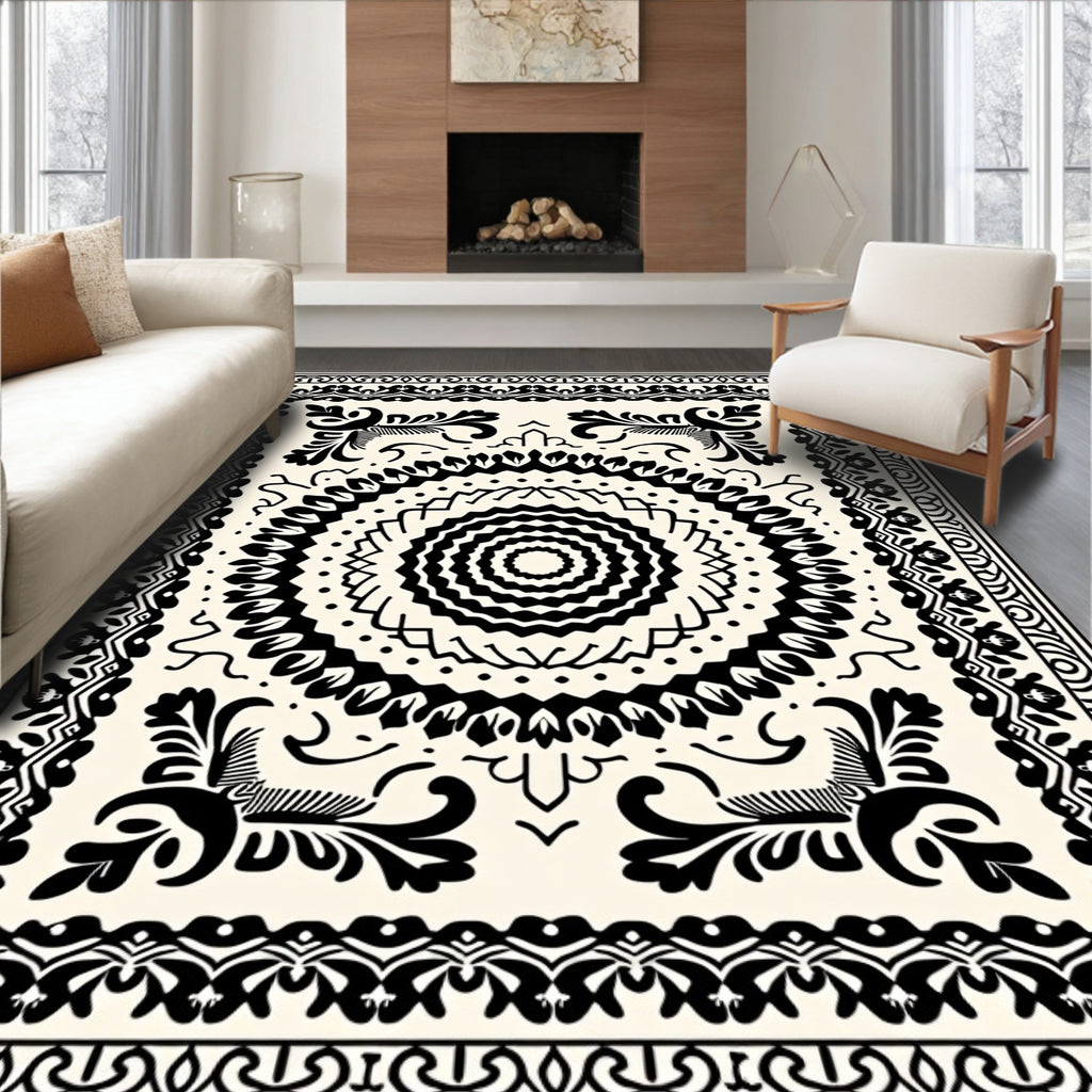 Bold Black White Intricate Pattern Rug