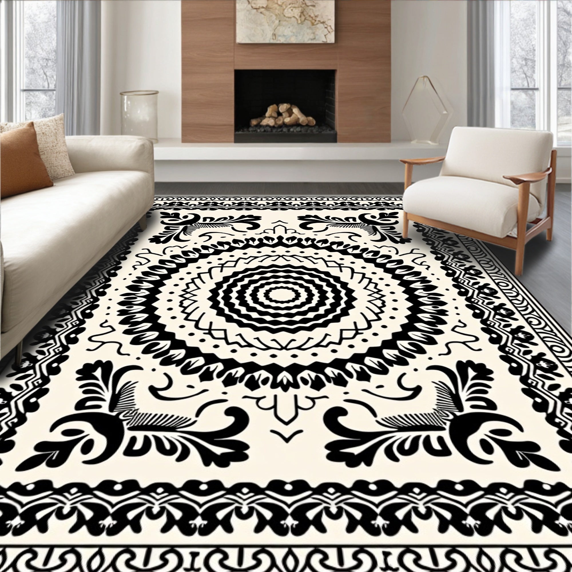 Bold Black White Intricate Pattern Rug