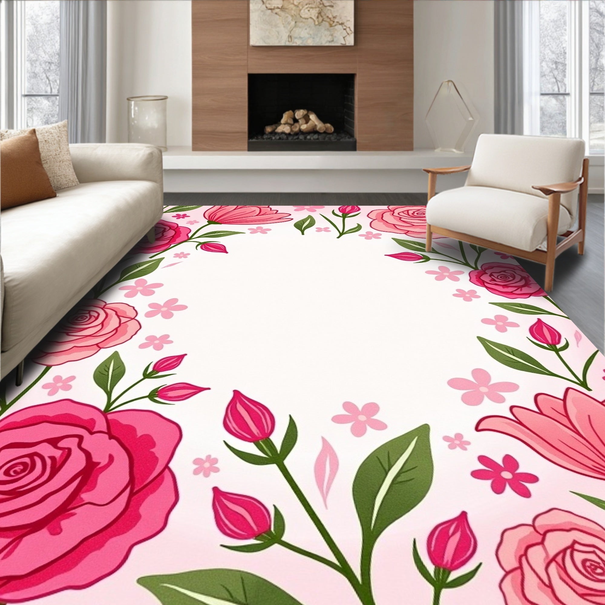 Pink Rose Floral Garden Pattern Rug